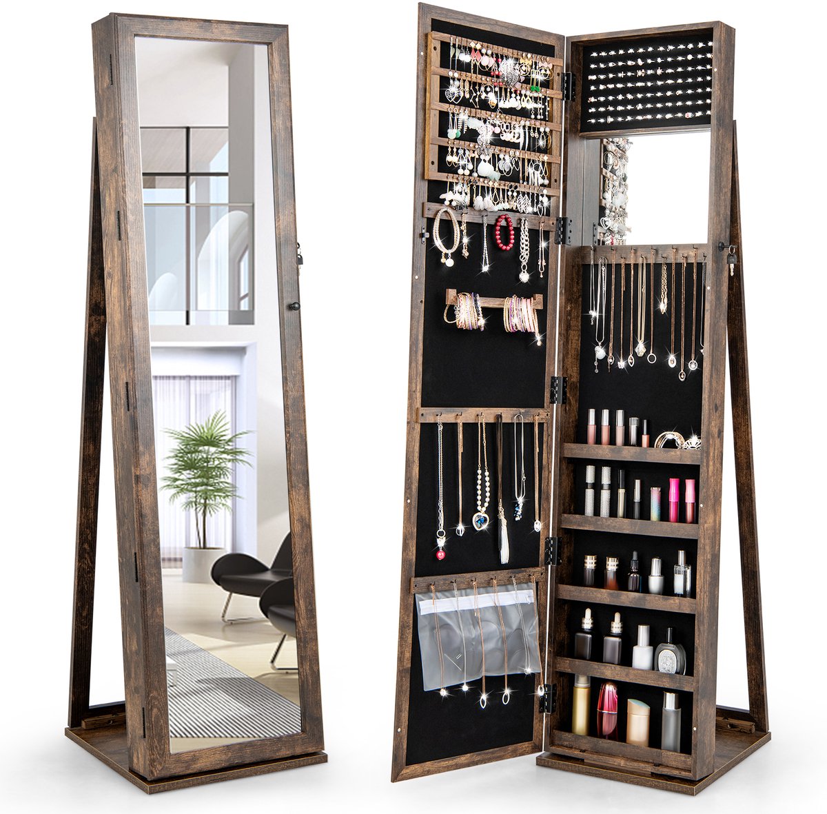 COSTWAY Sieradenkast, spiegelkast met full-body spiegel en ingebouwde make-upspiegel, afsl
