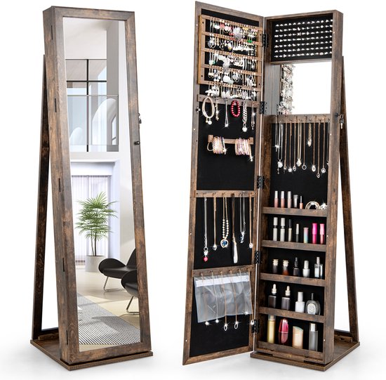 COSTWAY Sieradenkast, spiegelkast met full-body spiegel en ingebouwde make- upspiegel, 360 graden draaibaar, afsluitbaar, staand, sieradenopslag, sieradenorganizer met sleutels (paars