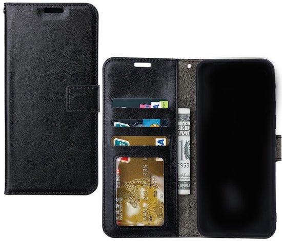 Zwarte portemonnee book case, geopend om creditcards, geld en telefoon te tonen.