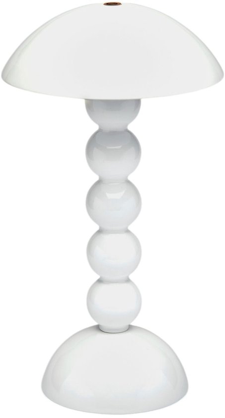 Lampe de table blanche avec un abat-jour bombé, une tige de cinq sphères rondes et une base ronde.