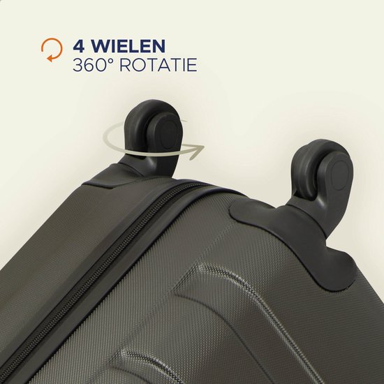 Donkere koffer met 4 wielen voor 360 graden rotatie.