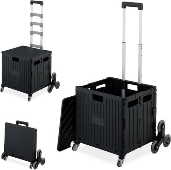 Relaxdays boodschappentrolley traploper, opvouwbaar, deksel, telescopische handgreep, tot 50 kg, vouwkrat, wit/grijs