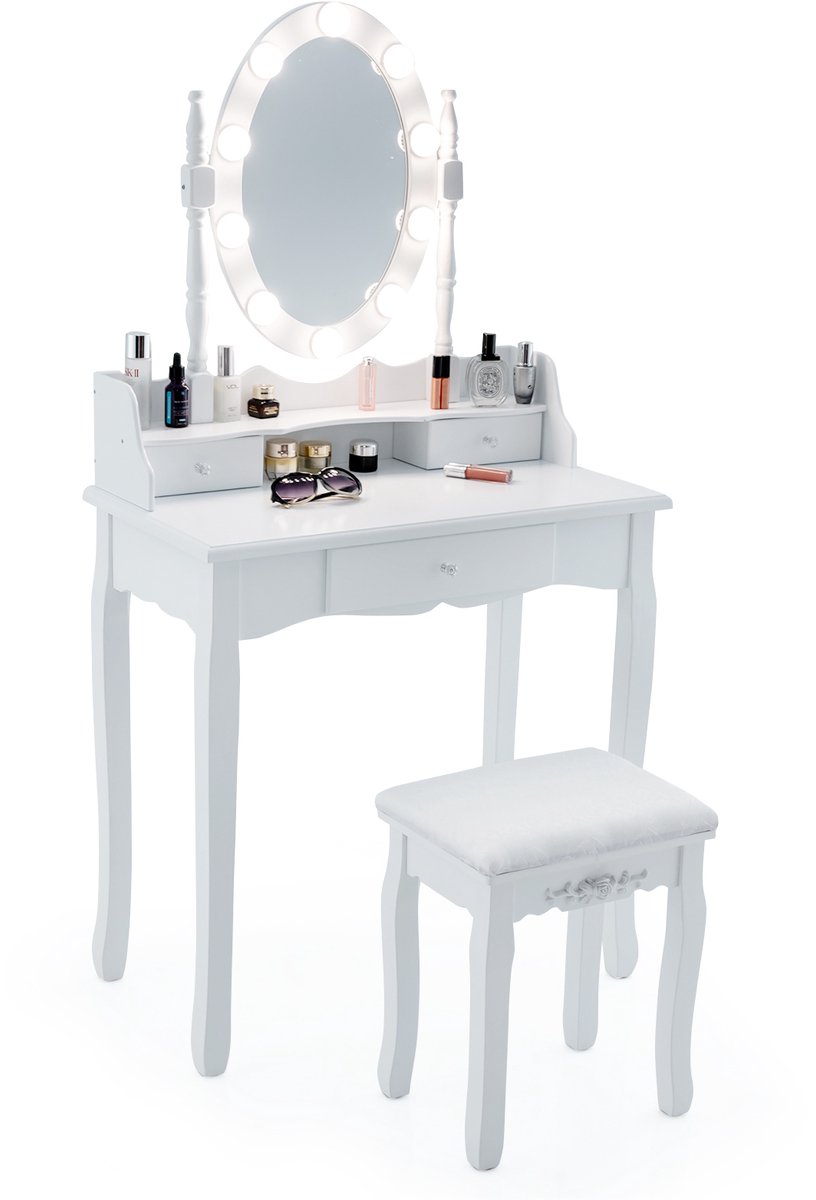 Costway Make-uptafel met ledverlichting, instelbare helderheid, kaptafel met 3 laden, kruk en 360° draaibare spiegel, make-uptafel voor slaapkamer Wit