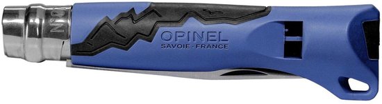 Blauw Opinel zakmes handvat met zwart zigzaggend patroon en fluitje.
