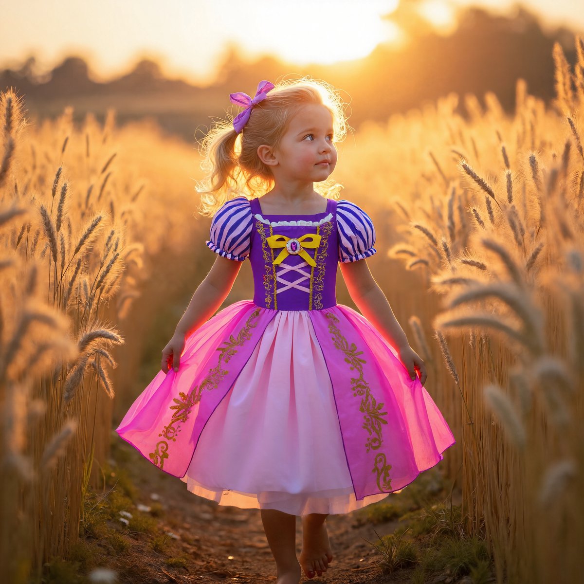 Joya Kids® Roze Prinsessenjurk meisje Korte Mouw | Verkleedjurken meisjes | Prinses jurk Meisje Roze en Paars | Met Kroon, Toverstaf, Handschoenen en Sieraden | Maat 130 — afbeelding 5