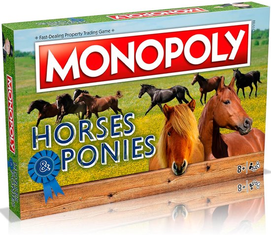 Monopoly Horses & Ponies speldoos met paarden in een wei.