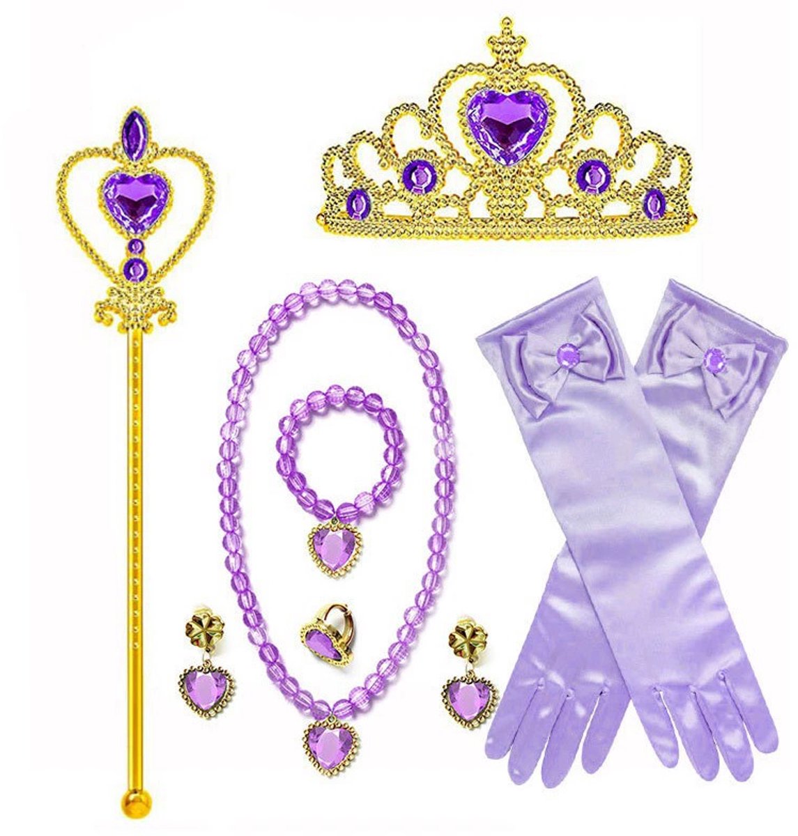 Joya Kids® Roze Prinsessenjurk meisje Korte Mouw | Verkleedjurken meisjes | Prinses jurk Meisje Roze en Paars | Met Kroon, Toverstaf, Handschoenen en Sieraden | Maat 120 — afbeelding 12