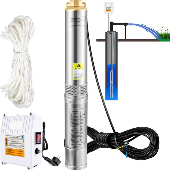 Diepe Bronpomp - met Externe Schakelkast en 20 m Stroomkabel - met Terugslagklep en Filter - Stroom 190L/min - 1100W - Maximale Opvoerhoogte van 57 m - Beschermingsgraad IP68 - Voor Regentonnen - Reservoirs - Kanalen - Rivieren - Zilver van T-ECO — afbeelding 2