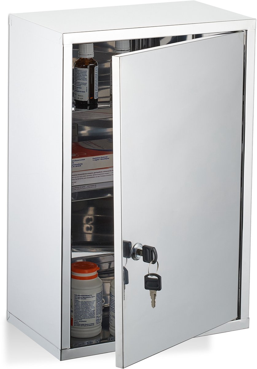 medicijnkastje met slot - 3 vakken - 45x30x18 cm - glanzend rvs - hangend