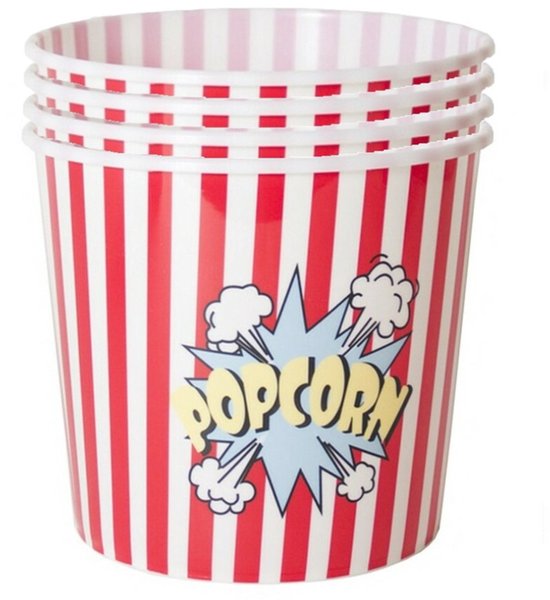 Gerimport Popcorn bak - 4x - rood/wit - kunststof - D21 - 7 liter - herbruikbaar