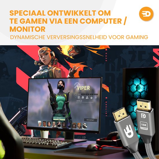 Scherm met game-personage Viper uit Valorant, met gamingsetup en computerkast. Twee DisplayPort kabels in beeld. Tekst: Speciaal ontwikkeld om te gamen via een computer / monitor, Dynamische verversingssnelheid voor gaming.