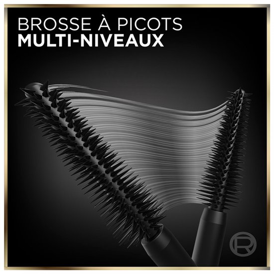 Twee zwarte mascara borsteltjes met vezels ertussen. Tekst: 'BROSE A PICOTS MULTI-NIVEAUX'.