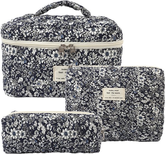 Skycases Travel Essentials - 3-delige Make-up Tas Set - Eco-vriendelijk Katoen - Gewatteerde Gebloemde Organizers - Etui Toilettasje - Toiletzak voor Dames - Ruim, Duurzaam en Ideaal voor Reizen