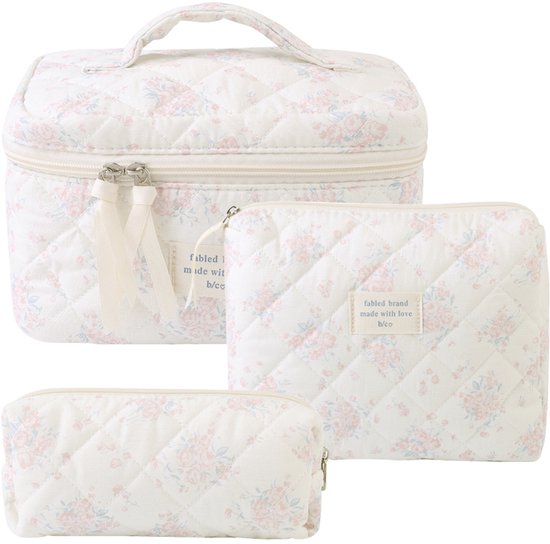 Skycases Travel Essentials - 3-delige Make-up Tas Set - Eco-vriendelijk Katoen - Gewatteerde Gebloemde Organizers - Etui Toilettasje - Toiletzak voor Dames - Ruim, Duurzaam en Ideaal voor Reizen