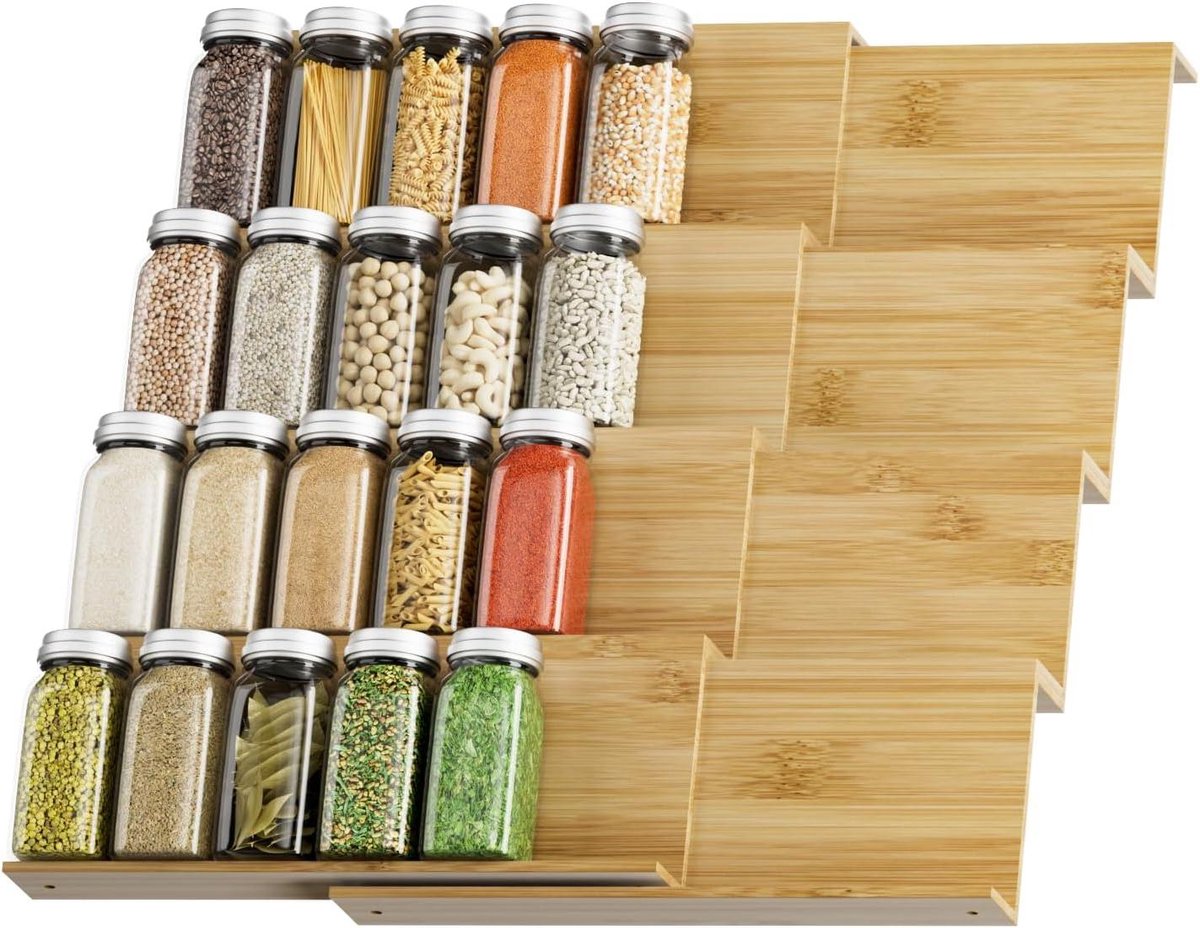 "Set van 8 kruidenrek voor lade - Kruidenorganizer lade opbergsysteem van 30 cm tot 60 cm uittrekbaar - Voor keuken kast werkblad (natuur)"