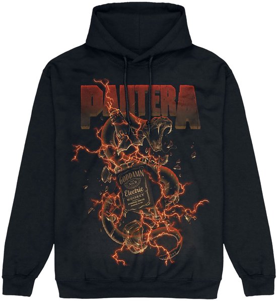Zwarte hoodie met Pantera-logo, een slang rond een fles "Goddamn Electric Whiskey" en rode bliksem.