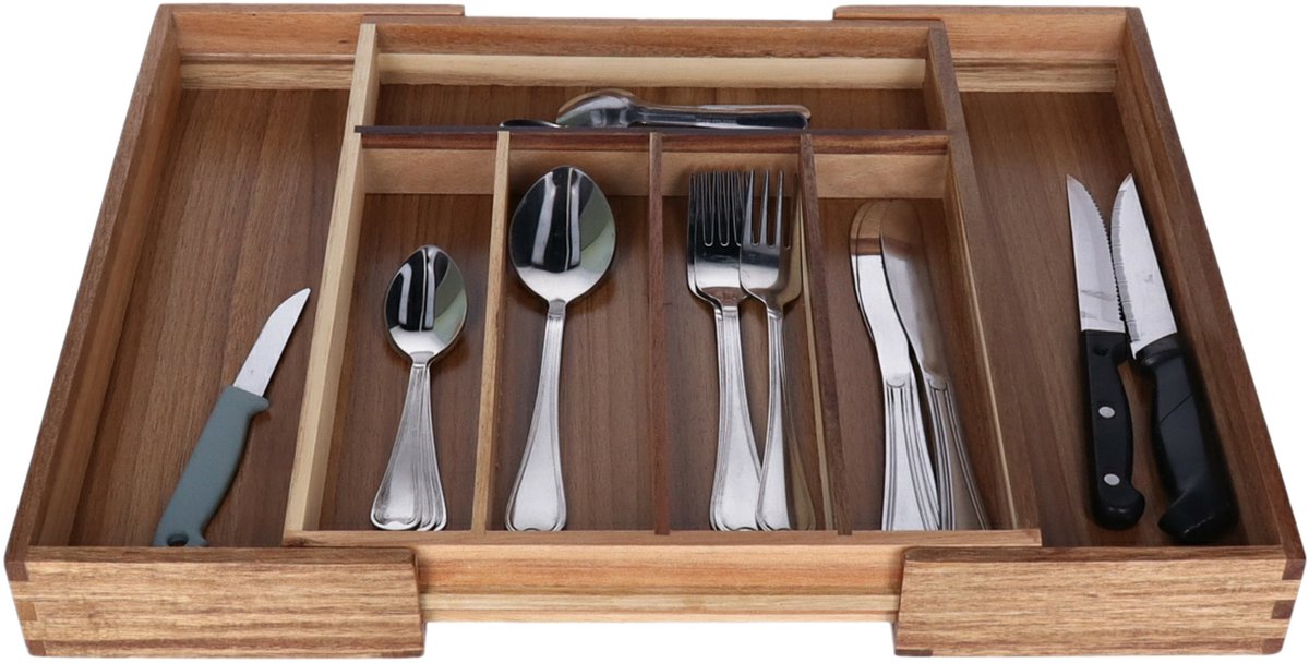 Excellent Houseware Bestekbak uitschuifbaar - acacia hout - 34 x 28-45 cm - 6-vaks