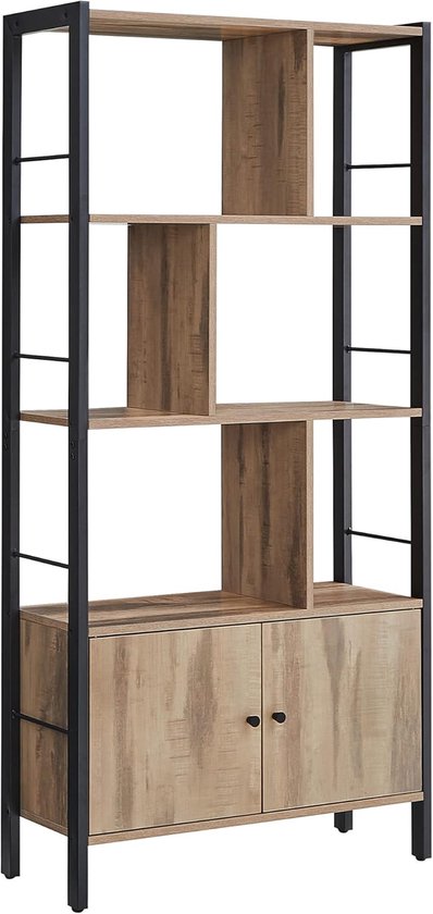 Lege houten boekenkast met zwart stalen frame, met opbergkast onderaan.