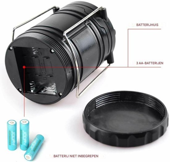 LED-kampeer lamp - Opvouwbare kampeer lamp op batterijen - AA-batterijen - Noodverlichting, vissen - Ideaal voor kamperen, wandelen en tuinieren - Ideaal voor orkanen, stormen en stroomuitval - Opvouwbare buitenlamp - Zwart van Merkloos — afbeelding 5