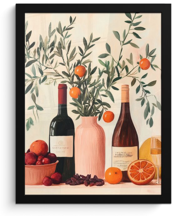 Poster in lijst - Fotolijst 30x40 cm - Posters - Wijnflessen - Takken - Sinaasappels - Posterlijst zwart - Decoratie - Wanddecoratie woonkamer - Muurdecoratie slaapkamer