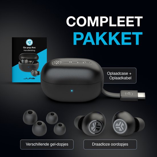JLab Go POP ANC Draadloze Oordopjes - Noise Cancelling Oortjes - Bluetooth Multipoint - 24 uur Batterijduur - Met Microfoon - Draadloos - Geschikt voor Android en Apple - Zwart