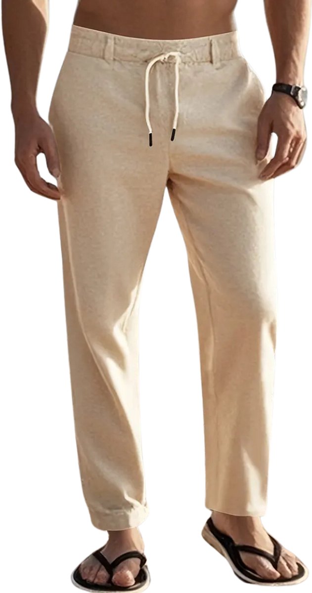 Bovista Linnen Broek Heren Zomerbroek Volwassenen Lange Broek Pantalon Strandbroek Zomer Ibiza Stijl Beige