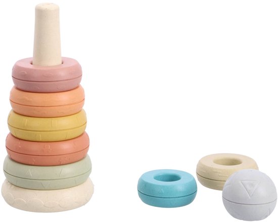 Jipy bio plastic stapeltoren met gekleurde ringen en een losse blauwe ring en beige bal.