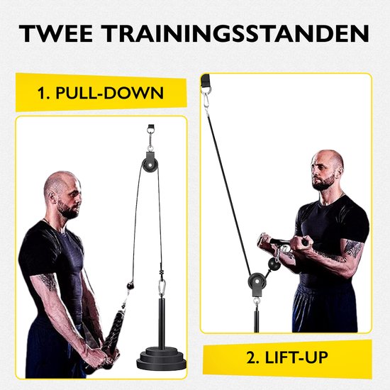 Man met zwarte kleding doet een pull-down oefening met een kabelmachine en een triceps touw.