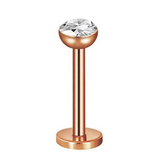 Piercing labret couleur or rose avec une pierre blanche, base plate.