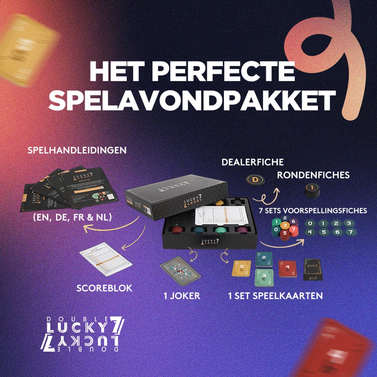 Double Lucky 7 - Kaartspel voor volwassenen en families - 2024 Editie - Verrassend snel gezelschapsspel in luxe casino stijl - Familiespel voor 2 tot 7 spelers – Vanaf 14 jaar - 40 min — afbeelding 8