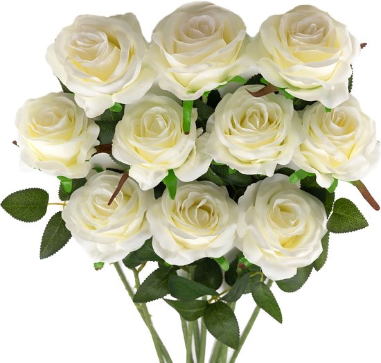 Somstyle Kunstrozen Set - 10 Stuks - Kunstbloemen - Rozen - Zijden Bloemen - 50 CM - Nepbloemen - Wit