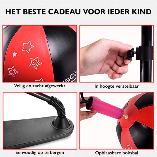 Details: rode/zwarte boksbal met sterren, verstelbare stang, stabiliserende voet, opblaasbare bal.