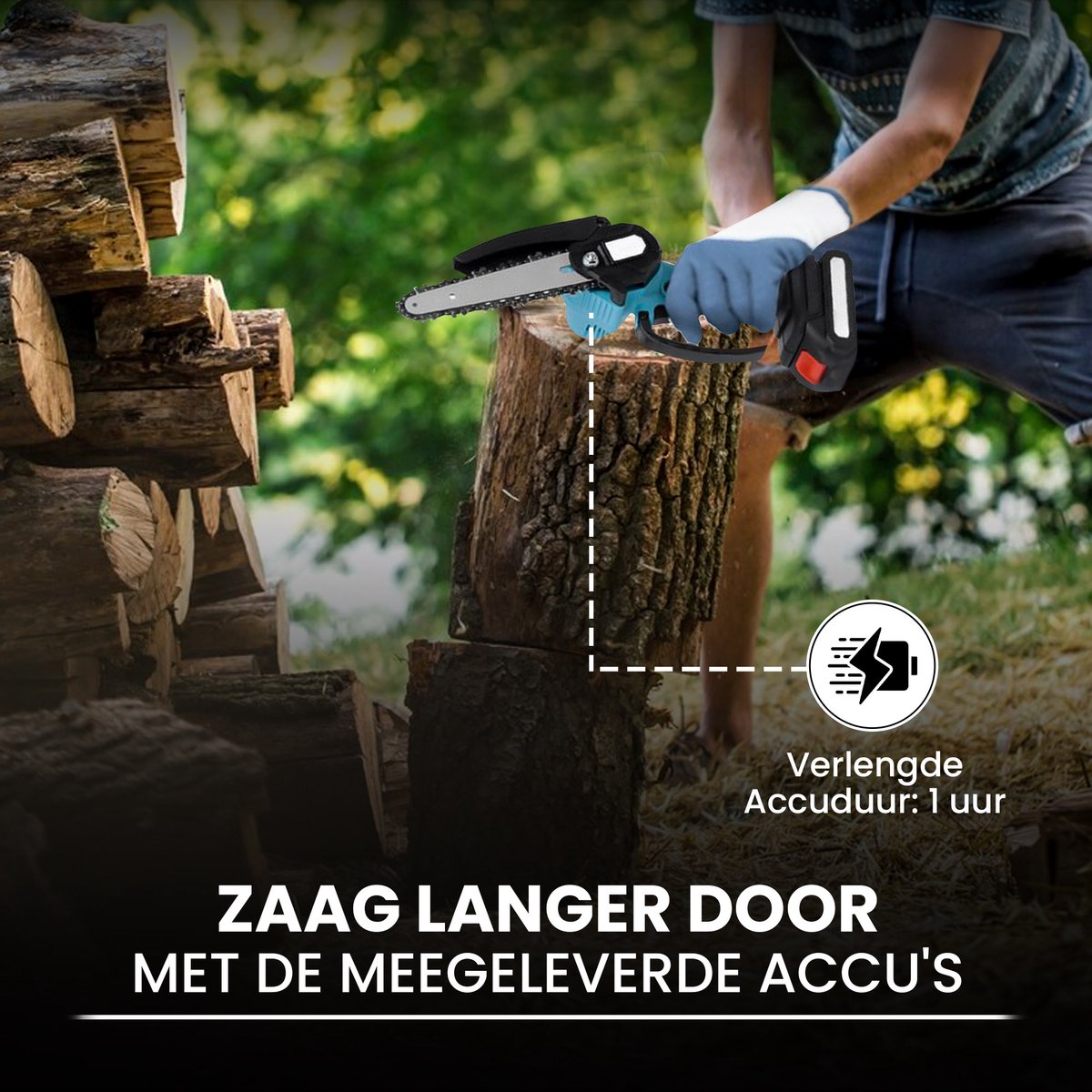 ToolX Mini kettingzaag - Kettingzaag - Mini Kettingzaag met accu - Snoeizaag - Boomzaag - 2 accu's - Inc. accessoires – foto 6