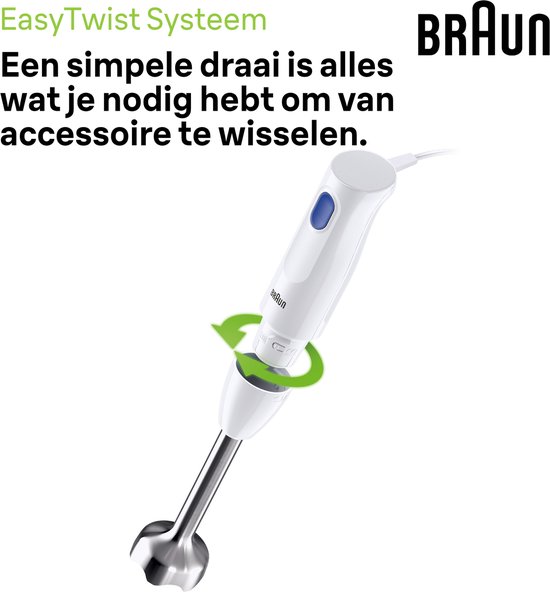 Witte Braun staafmixer met blauwe knop en zilveren voet. Pijl toont draaimechanisme voor accessoires.