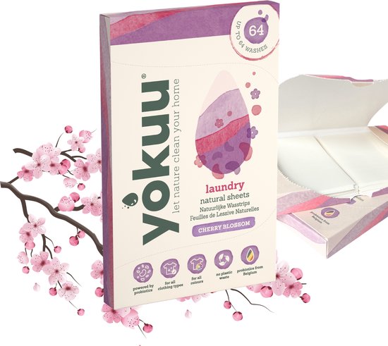 Yokuu Wash Strips - Lingettes détergentes - Lavage facile et respectueux de l'environnement - 100% végétalien - Cherry Blossom - 32 pièces