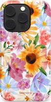 iPhone 14 Pro hoesje met aquarel bloemenprint in roze, oranje, paars en blauw.
