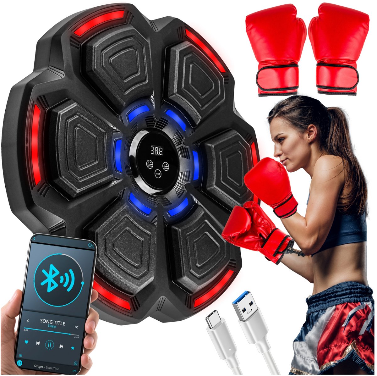 HAUSS SPOLE Premium Boxing Machine - Boks Trainingsmachine - Inclusief Bokshandschoenen - Muziek Boksapparaat Met Wandmontage-Bluetooth LED Boksdoel - Thuisgebruik - Stressverlichting - Volwassenen & Kinderen Zwart