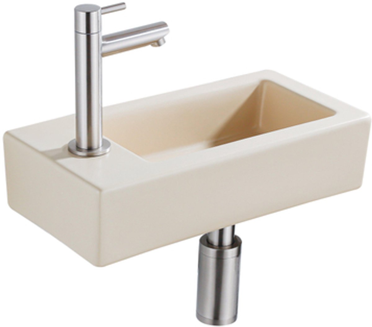 QeramiQ Fuente Fonteinset - 37.5x18.5x9cm - keramiek - kraangat links - fonteinkraan geborsteld RVS - afvoerplug - verlaagd sifon - Mat Beige