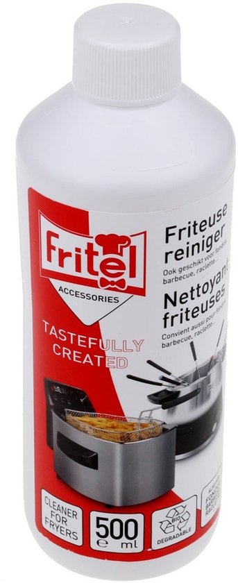 Fritel friteuse reiniger 500 ml met afbeelding van een frituurmandje.