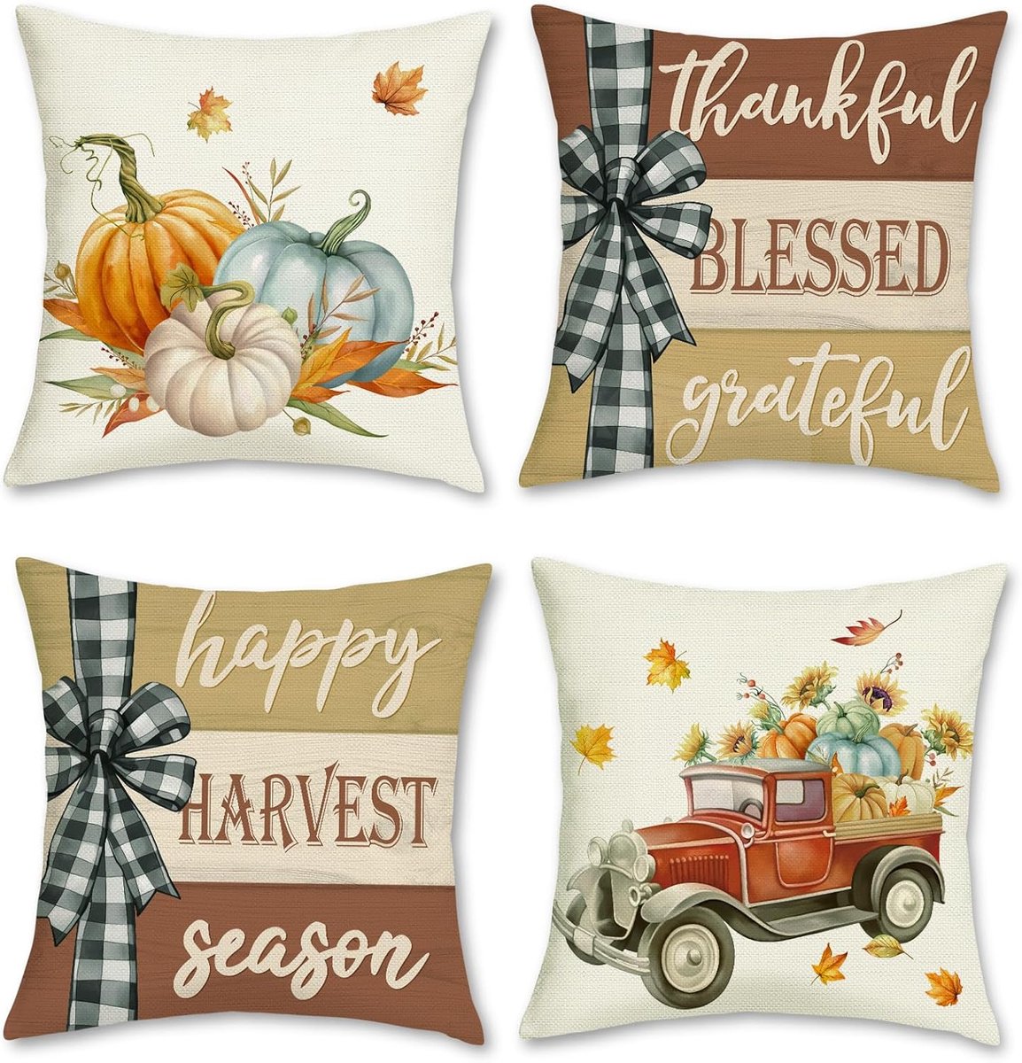 Ibenzoa Set van 4 Seizoensdecoratie Kussens met Herfstmotieven - Pompoenen en Bladeren multi