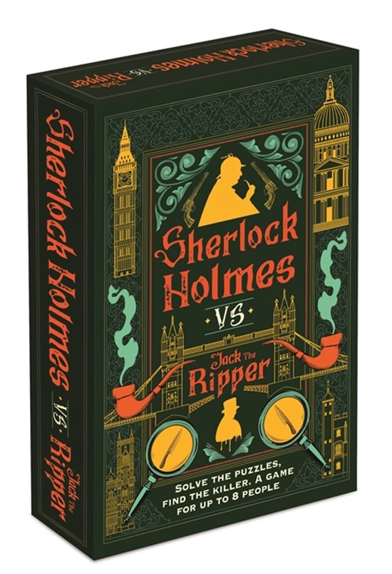 Boîte de jeu 'Sherlock Holmes vs Jack The Ripper' avec des bâtiments londoniens emblématiques et des pipes.