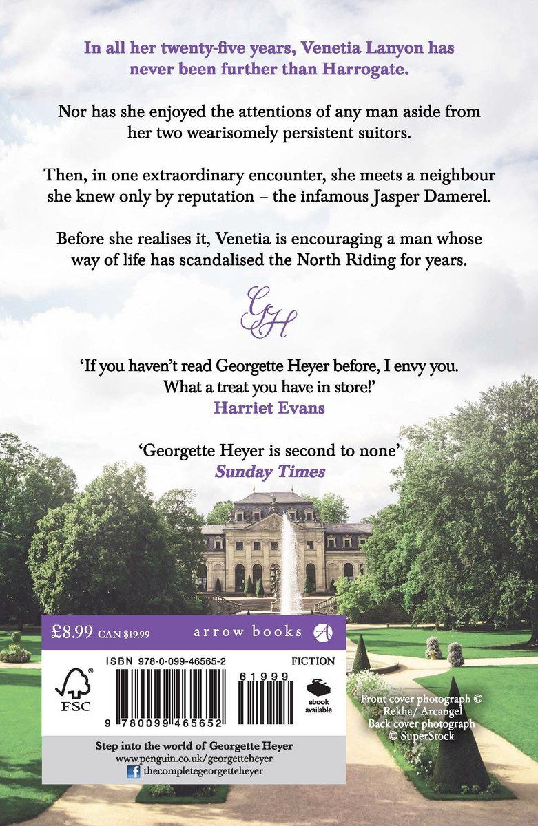Boekcover met tekst 'Venetia' door Georgette Heyer en een afbeelding van een landhuis met fontein.