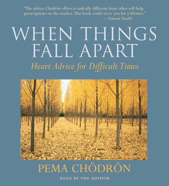 Boekcover van 'WHEN THINGS FALL APART: Heart Advice for Difficult Times' door Pema Chödrön. Een laan met gele bomen in de herfst.