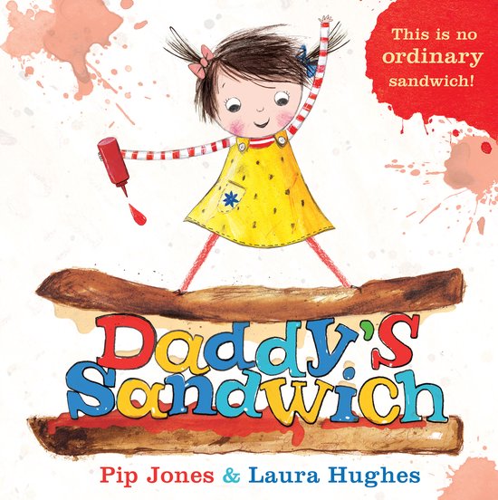 Een illustratie van een meisje met knotjes en een gele jurk die op een boterham staat. De tekst "Daddy's Sandwich" is eronder geschreven.