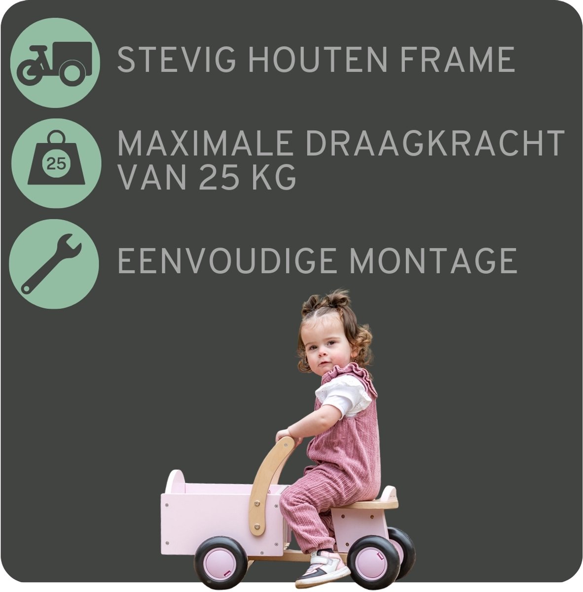 Bandits & Angels Bakfiets Loopfiets Hout Little Rider Retro Pink vanaf 1 jaar - Voor Meisjes - Ride-On Houten Bakfiets - Houten Loop Fiets Roze - Geluidsarme Wielen - Kraamcadeau — afbeelding 2