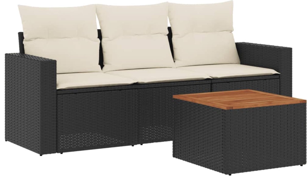 The Living Store 4-delige Loungeset met kussens poly rattan zwart - Loungeset - Lounge Set - Tuinbank - Buitendining - Outdoor Furniture