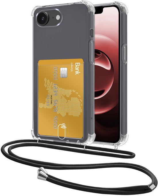 Hoes Geschikt voor Apple iPhone 16e / 17e Hoesje Pasjeshouder Cover Met Koord Shock Proof Case Siliconen Hoes Met Telefoonkoord en Kaarthouder - Transparant
