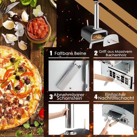 COSTWAY Pizza oven outdoor, draagbare pizza houtkachel incl. pizza schuiver en pizzasteen, hout pizza oven voor tuin camping van Merkloos — afbeelding 3