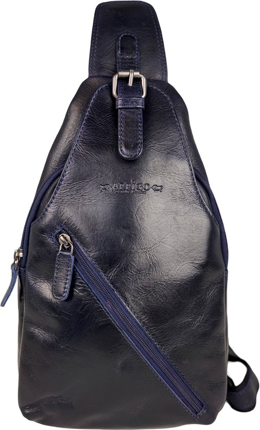 Sac en bandoulière | Sac bandoulière bleu foncé | Peau de vache | Sac à bandoulière élégant et pratique | 6 sujets | Arrigo