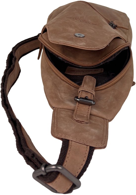 Lichtbruine leren crossbody tas, van bovenaf getoond met open vakken.